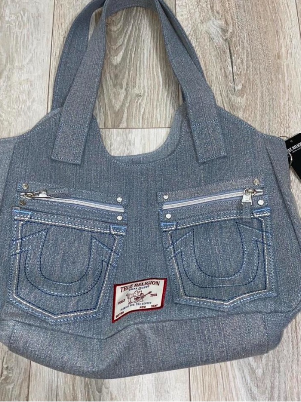 True Religion Denim Tote in Faded Blue with Contrast Stitching